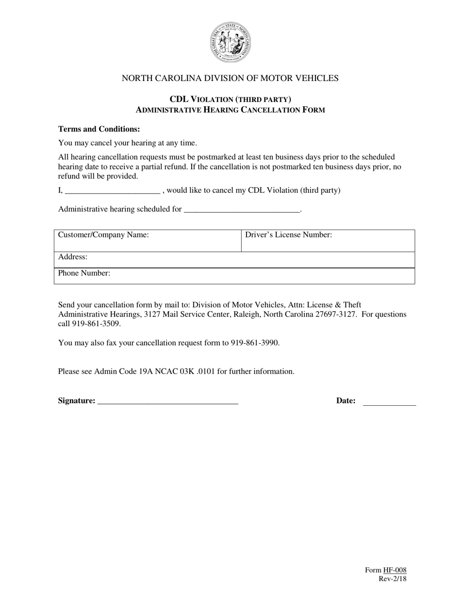 Form HF-008 Cdl Violation (Third Party) Administrative Hearing Cancellation Form - North Carolina, Page 1