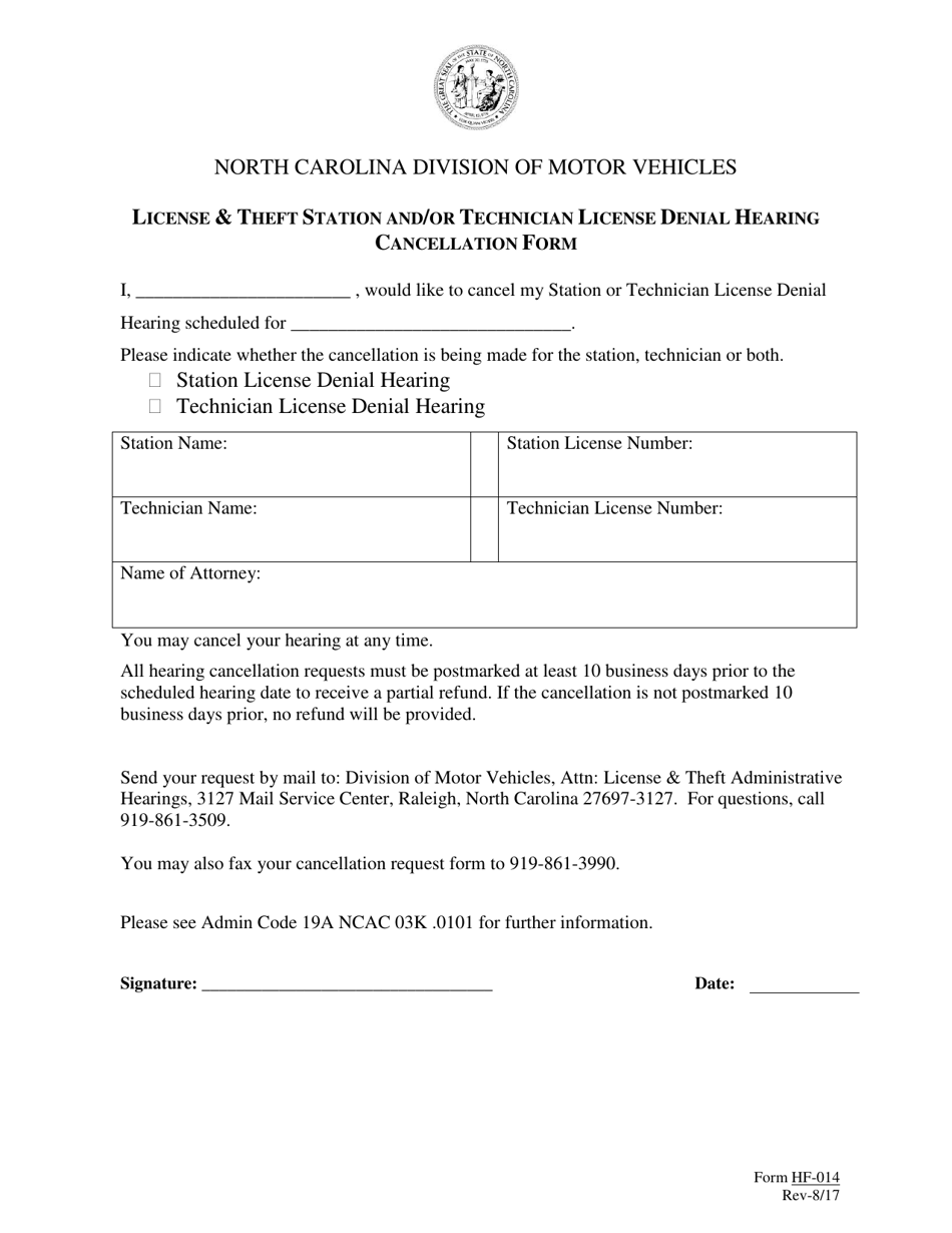 Form HF-014 License  Theft Station and / or Technician License Denial Hearing Cancellation Form - North Carolina, Page 1