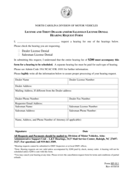 Document preview: Form HF-011 License and Theft Dealer and/or Salesman License Denial Hearing Request Form - North Carolina