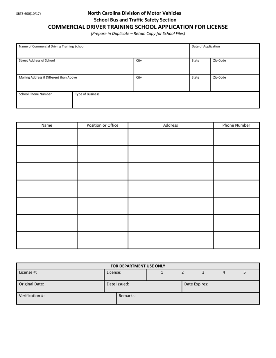 Form SBTS-600 Commercial Driver Training School Application for License - North Carolina, Page 1