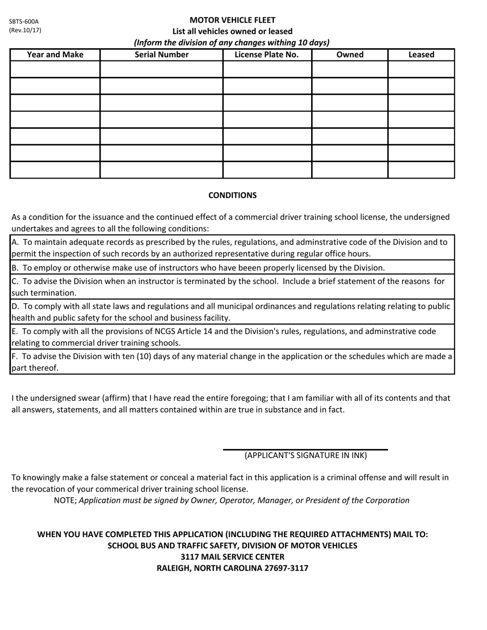 Form SBTS-600A Commercial Driver Training School Application for License Questions - North Carolina, Page 2