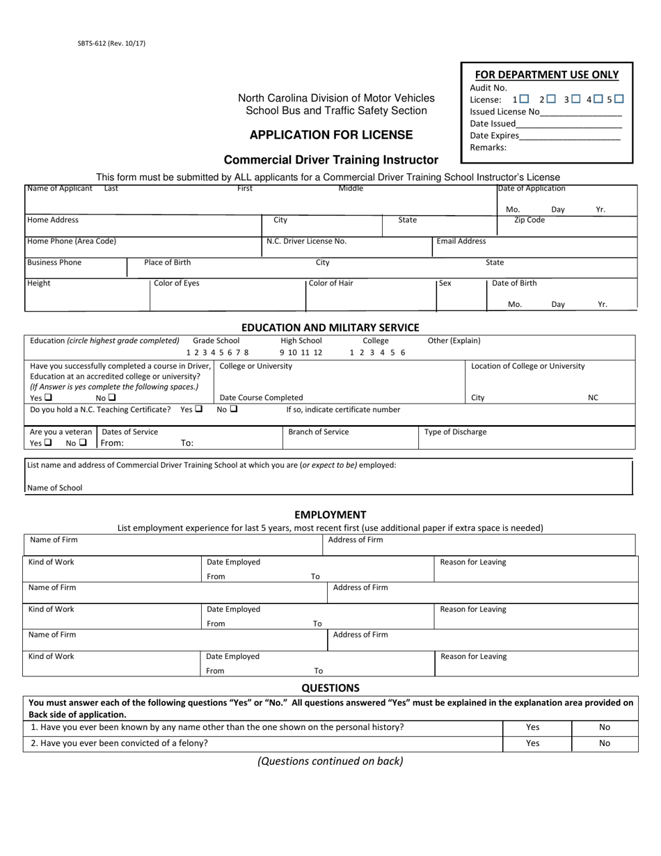 Form SBTS-612 - Fill Out, Sign Online and Download Printable PDF, North ...