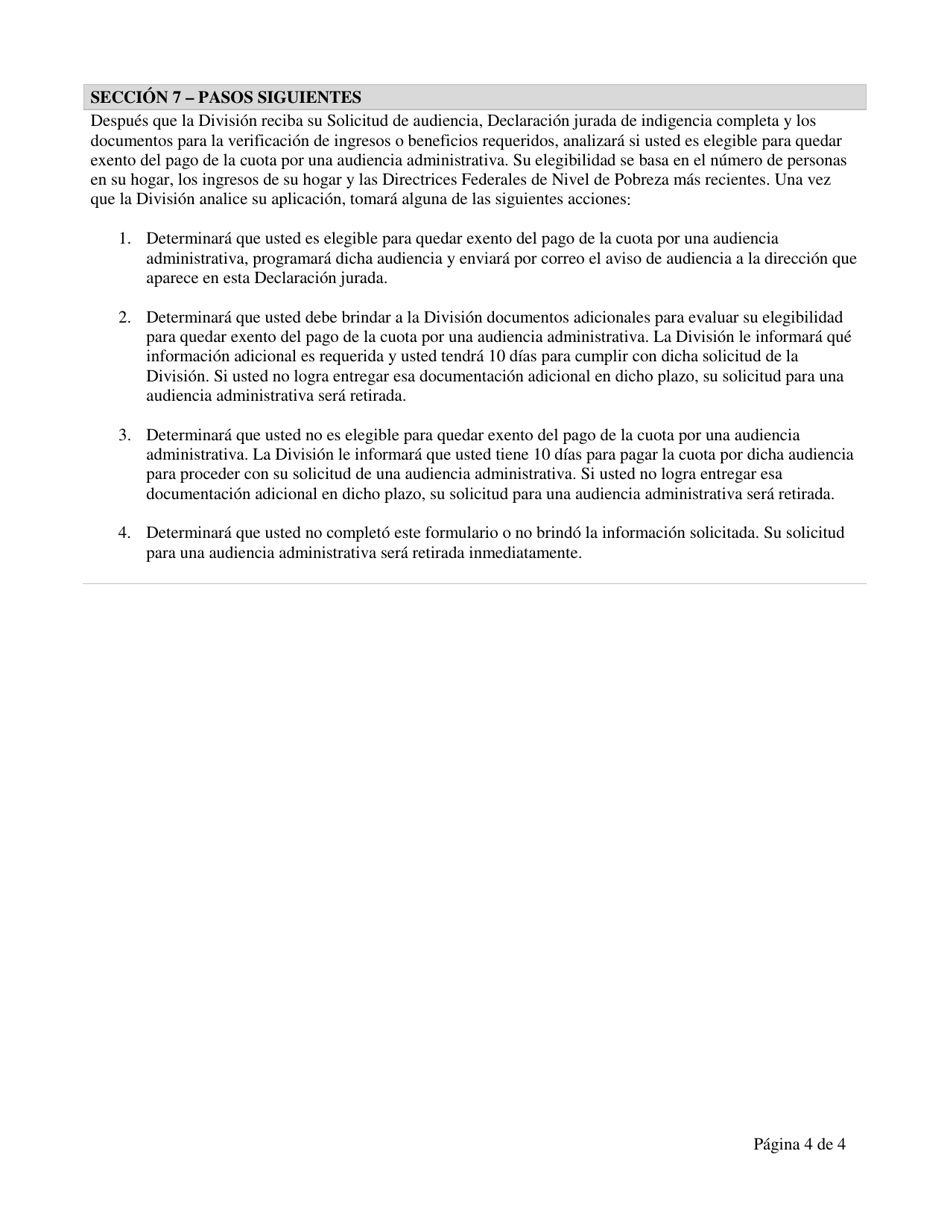 Declaracion Jurada De Indigencia Solicitud Para Eximir Cuota Por Audiencia Administrativa - North Carolina (Spanish), Page 4