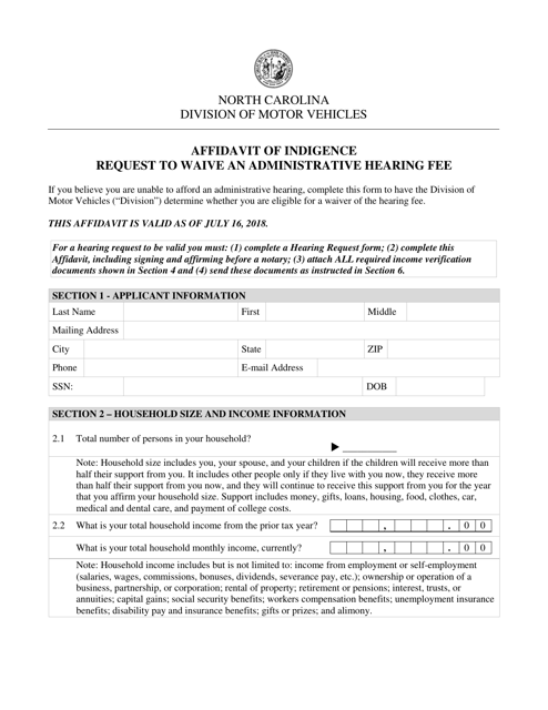 Affidavit of Indigence - Request to Waive an Administrative Hearing Fee - North Carolina Download Pdf