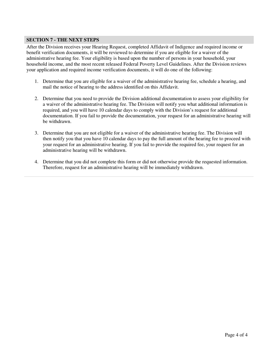 Affidavit of Indigence - Request to Waive an Administrative Hearing Fee - North Carolina, Page 4