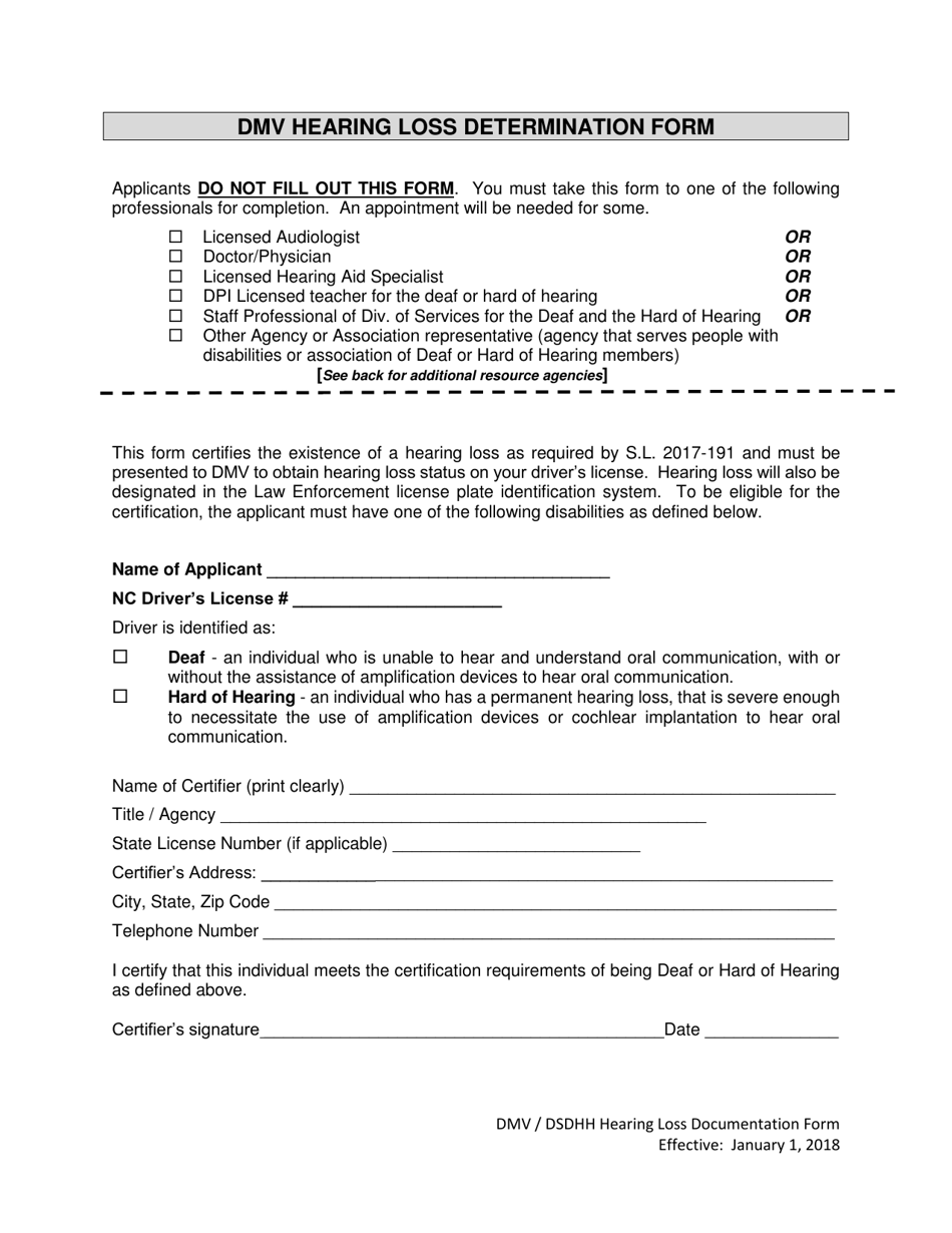 DMV Hearing Loss Determination Form - North Carolina, Page 1