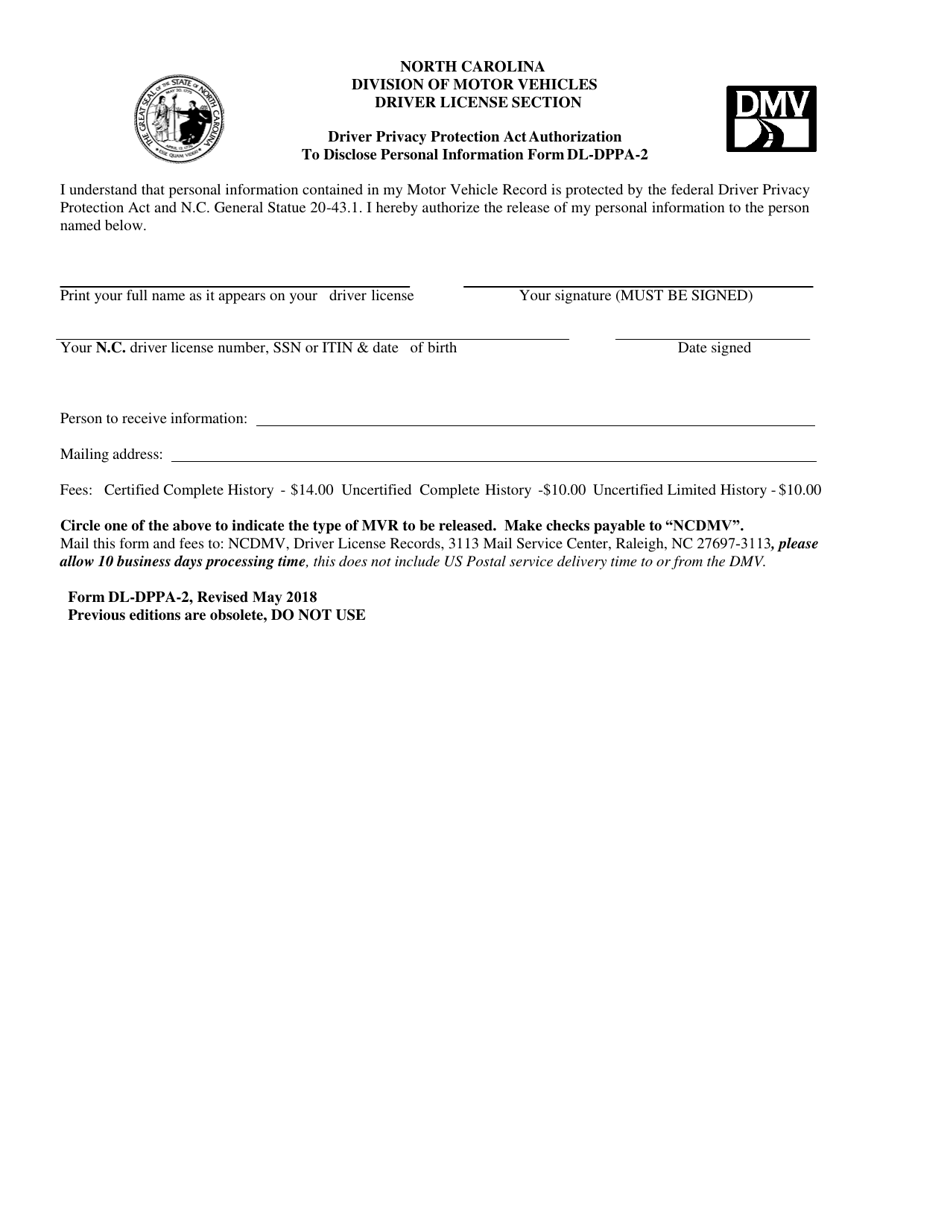 Form DL-DPPA-2 Release of Driver Record - North Carolina, Page 1