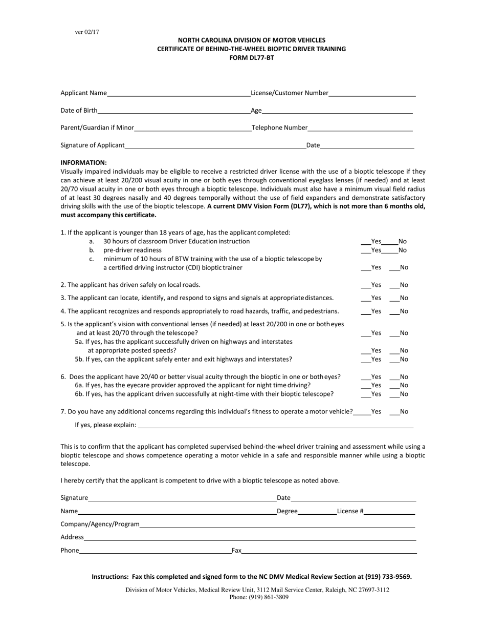 Form DL77-BT Certificate of Behind-The-Wheel Bioptic Driver Training - North Carolina, Page 1