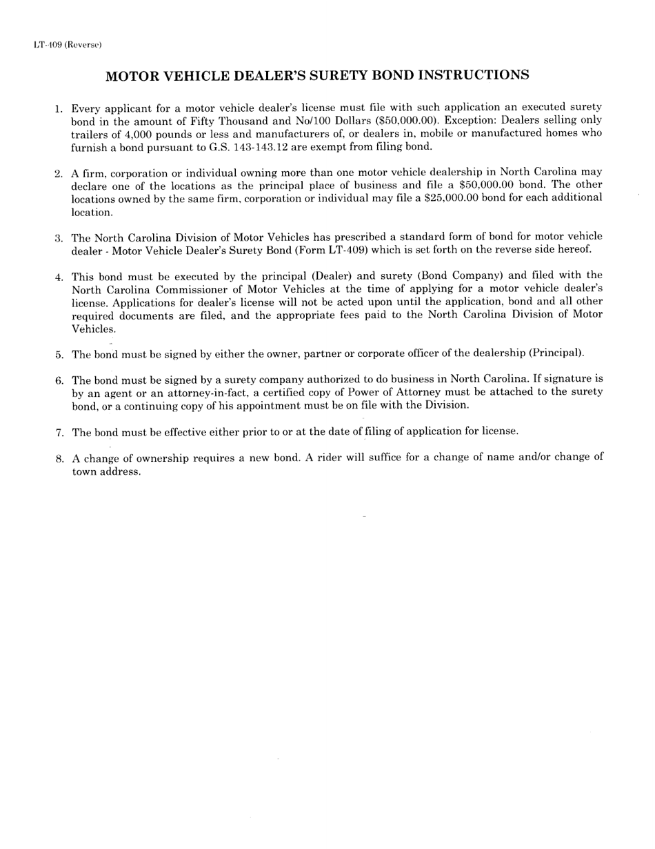 Form LT-409 Motor Vehicle Dealer Surety Bond - North Carolina, Page 2