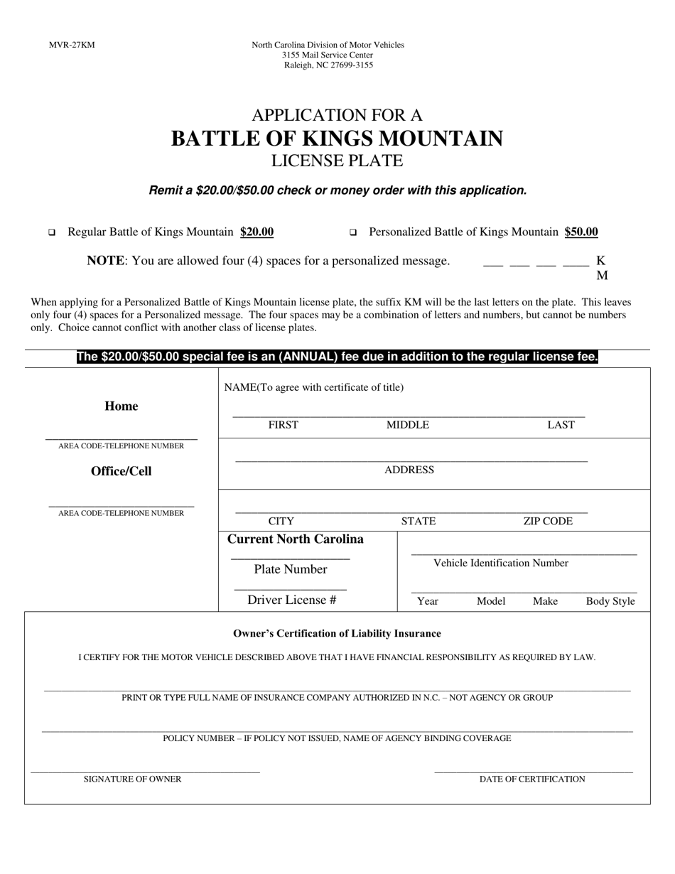 Form MVR-27KM Application for a Battle of Kings Mountain License Plate - North Carolina, Page 1