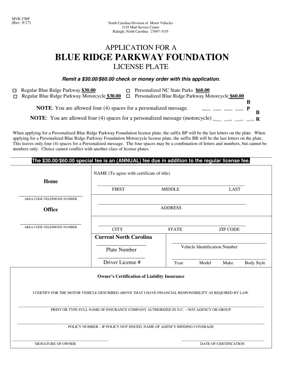 Form MVR-27BP Application for a Blue Ridge Parkway Foundation License Plate - North Carolina, Page 1