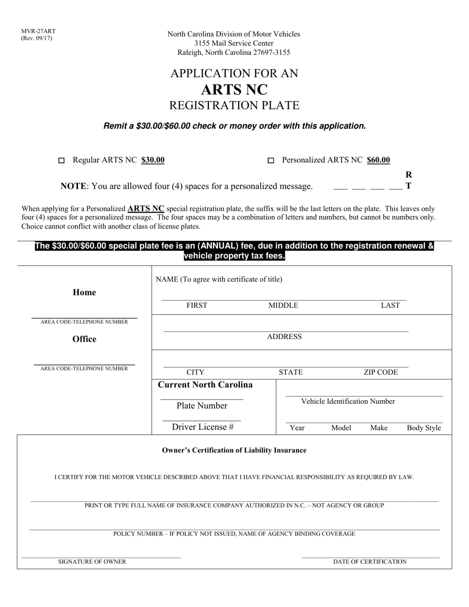 Form MVR-27ART Application for an Arts Nc Registration Plate - North Carolina, Page 1