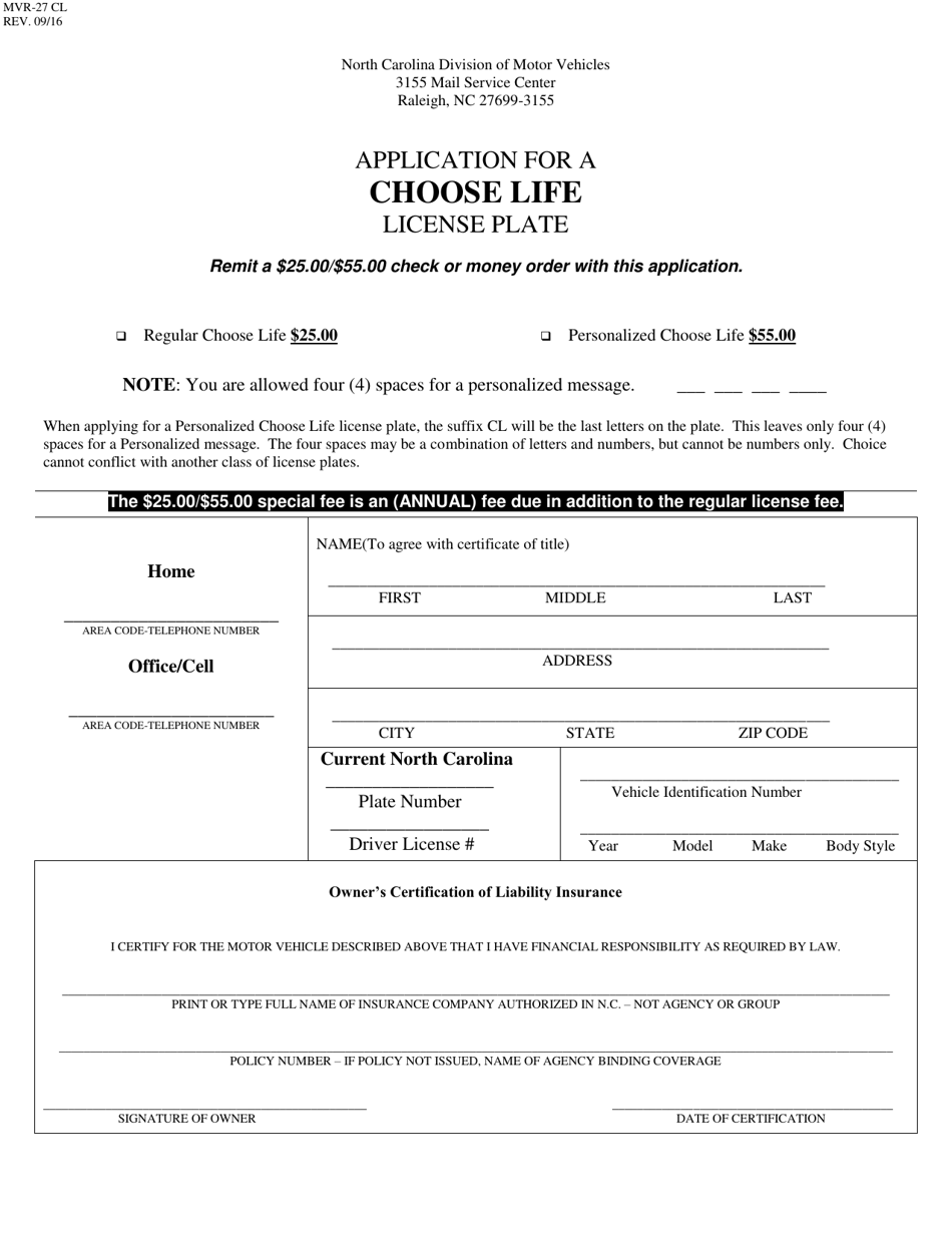 Form MVR-27CL Application for a Choose Life License Plate - North Carolina, Page 1