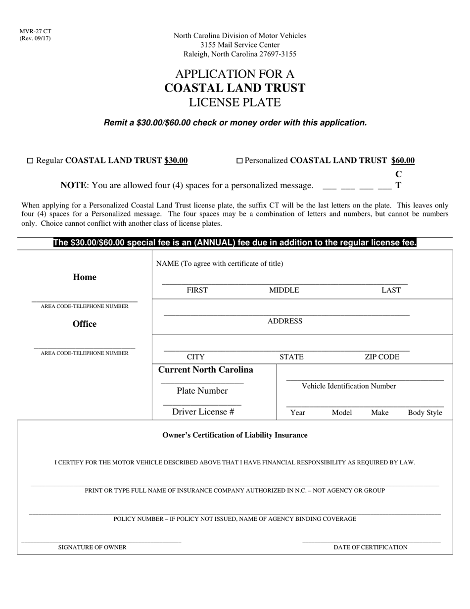 Form MVR-27 CT Application for a Coastal Land Trust License Plate - North Carolina, Page 1