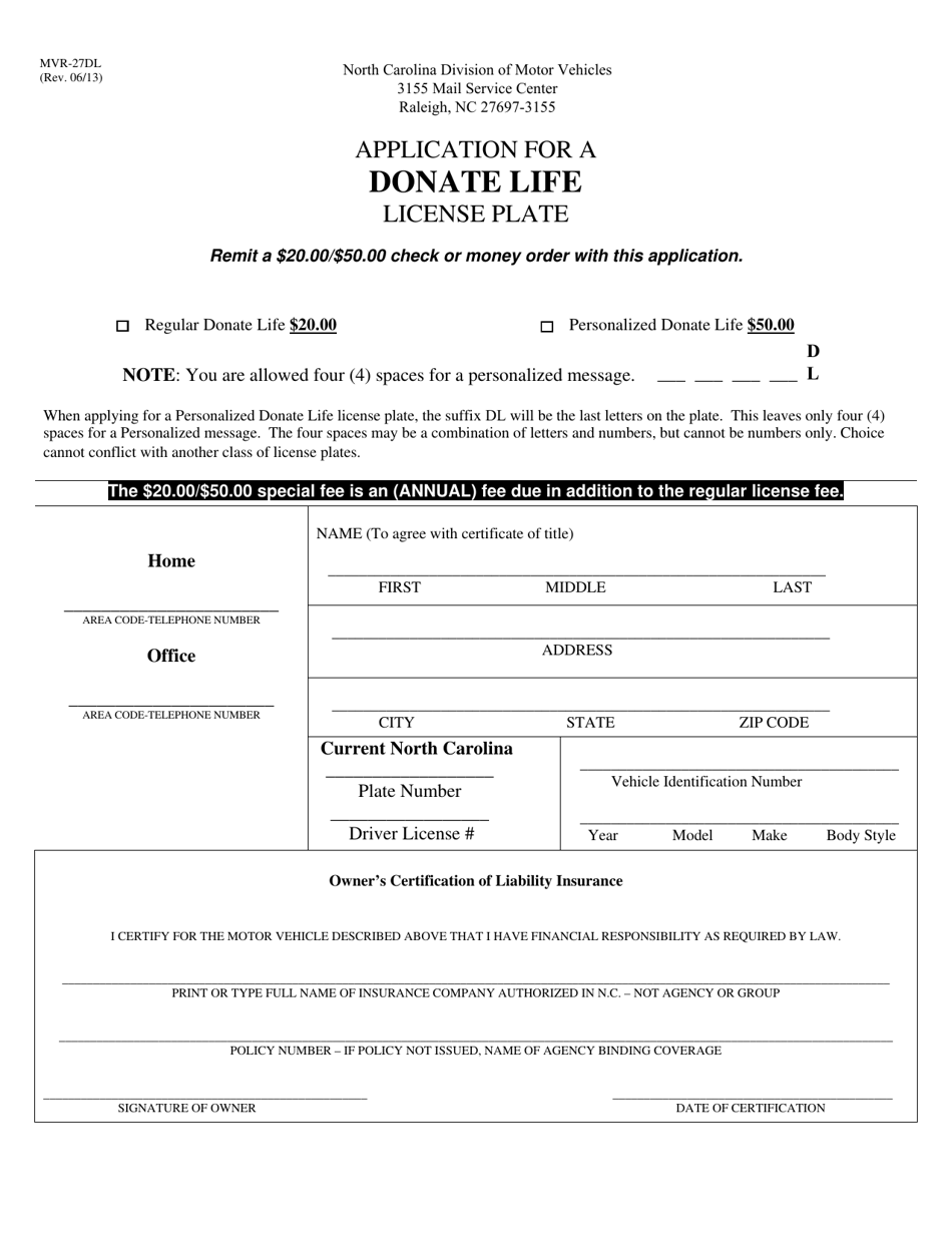 Form MVR-27DL Application for a Donate Life License Plate - North Carolina, Page 1