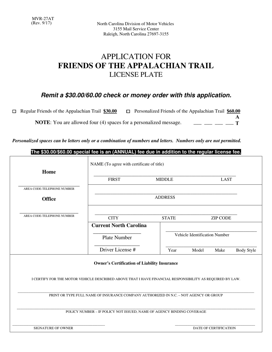 Form MVR-27AT Application for Friends of the Appalachian Trail License Plate - North Carolina, Page 1