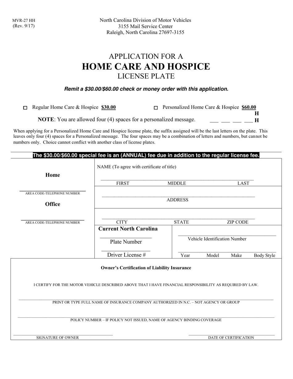 Form MVR-27 HH Application for a Home Care and Hospice License Plate - North Carolina, Page 1