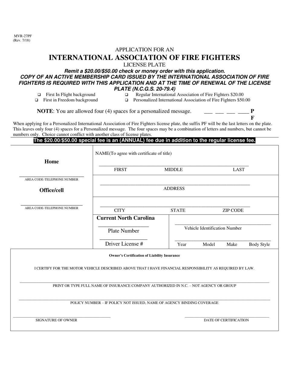 Form MVR-27PF Application for an International Association of Fire Fighters License Plate - North Carolina, Page 1