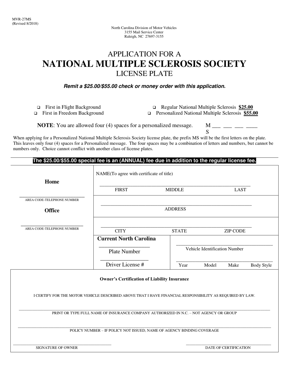 Form MVR-27MS Application for a National Multiple Sclerosis Society License Plate - North Carolina, Page 1