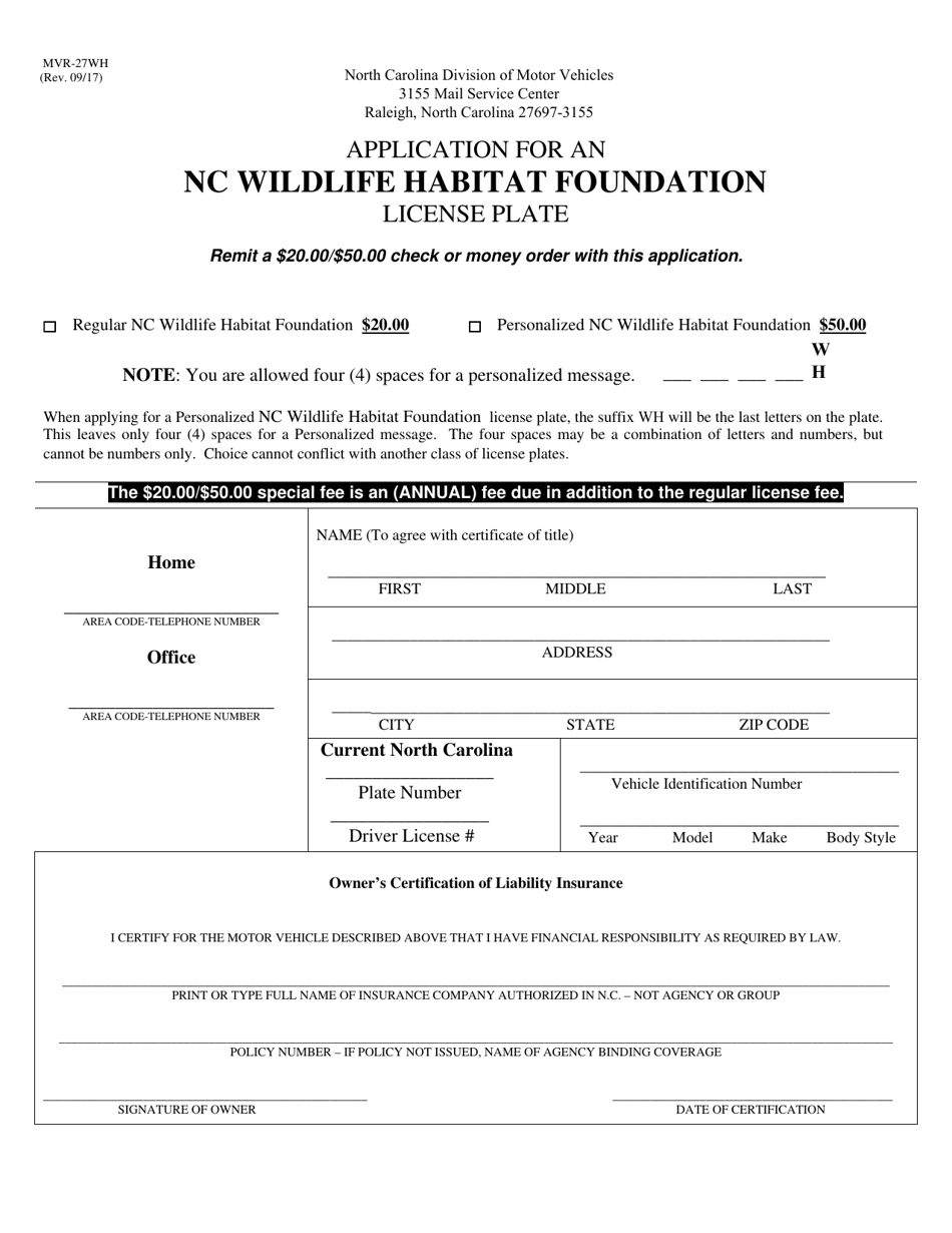 Form MVR-27WH Application for an Nc Wildlife Habitat Foundation License Plate - North Carolina, Page 1