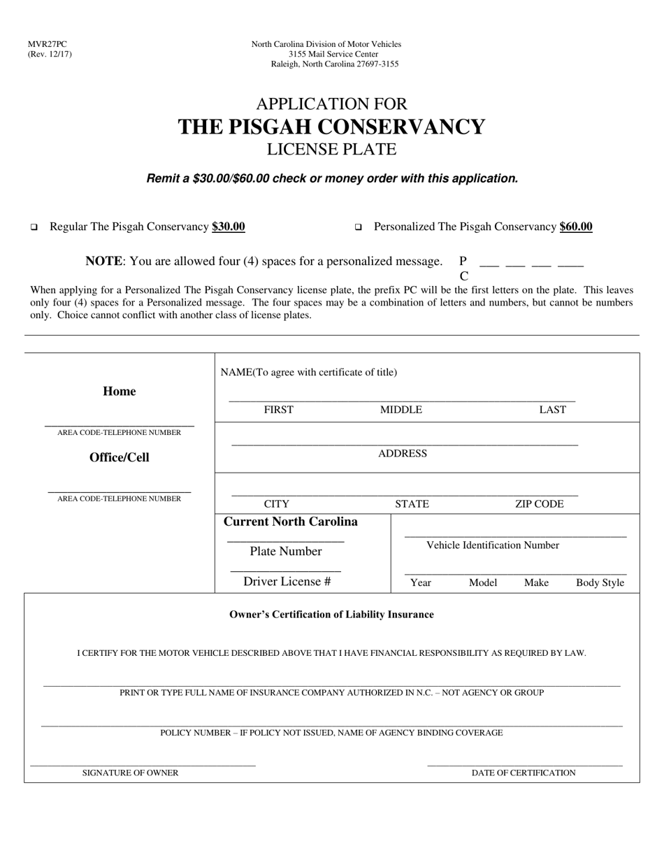 Form MVR27PC Application for the Pisgah Conservancy License Plate - North Carolina, Page 1