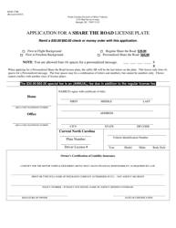 Document preview: Form MVR-27SR Application for a Share the Road License Plate - North Carolina