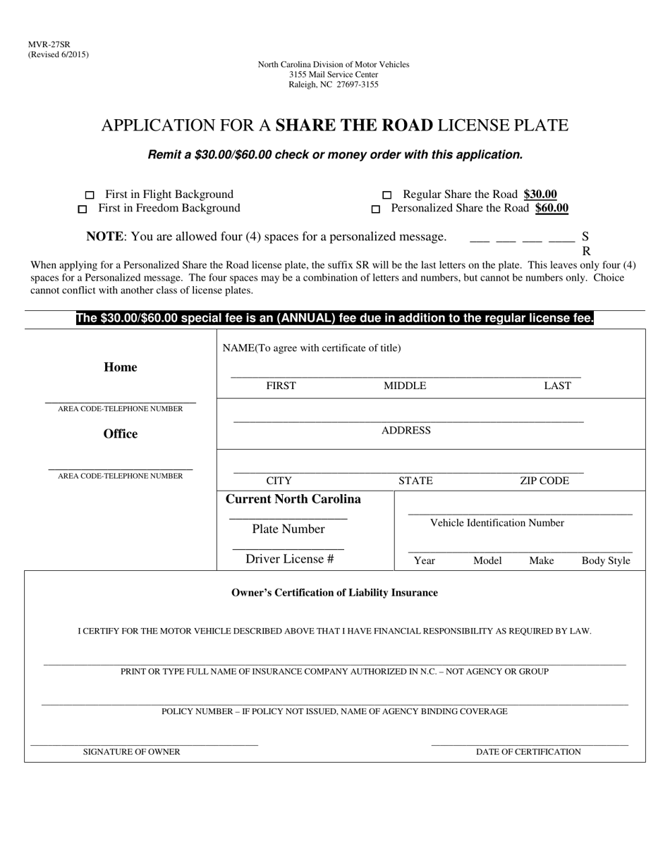 Form MVR-27SR Application for a Share the Road License Plate - North Carolina, Page 1
