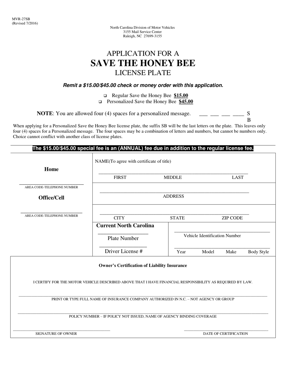 Form MVR-27SB Application for a Save the Honey Bee License Plate - North Carolina, Page 1
