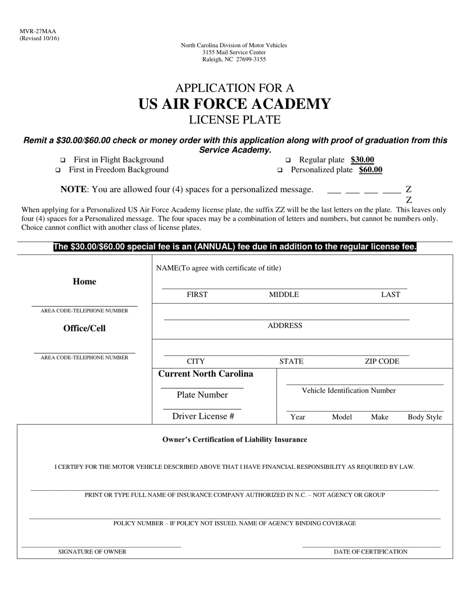 Form MVR-27MAA Application for a US Air Force Academy License Plate - North Carolina, Page 1