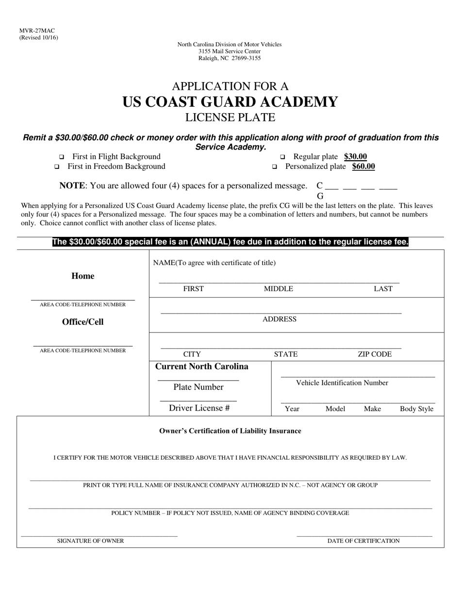 Form MVR-27MAC Application for a US Coast Guard Academy License Plate - North Carolina, Page 1