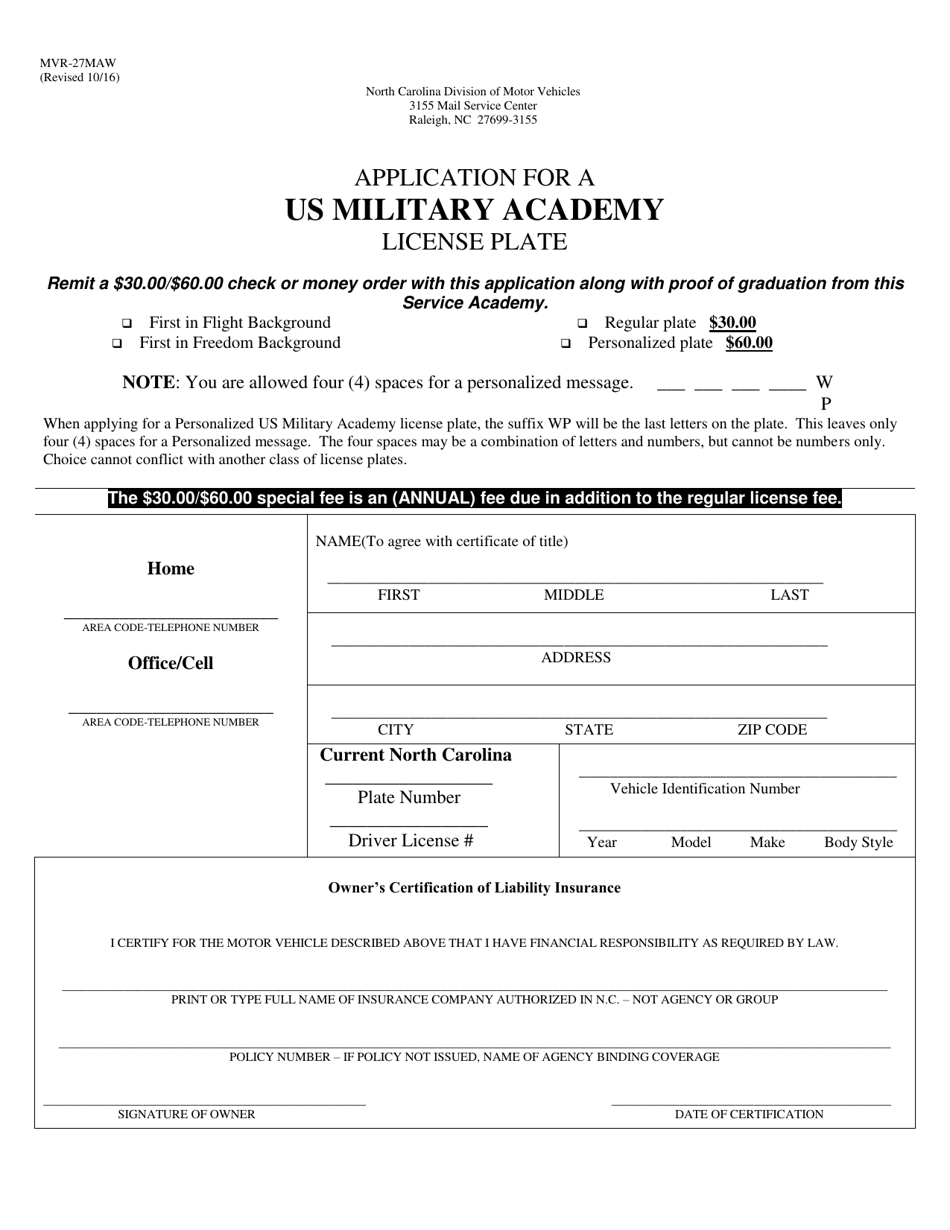 Form MVR-27MAW Application for a US Military Academy License Plate - North Carolina, Page 1