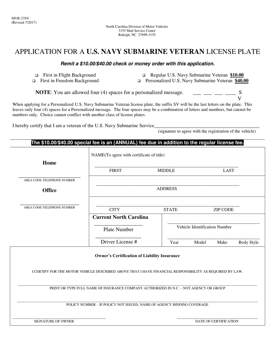 Form MVR-27SV Application for a U.S. Navy Submarine Veteran License Plate - North Carolina, Page 1