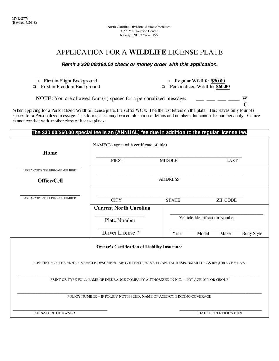 Form MVR-27W Application for a Wildlife License Plate - North Carolina, Page 1