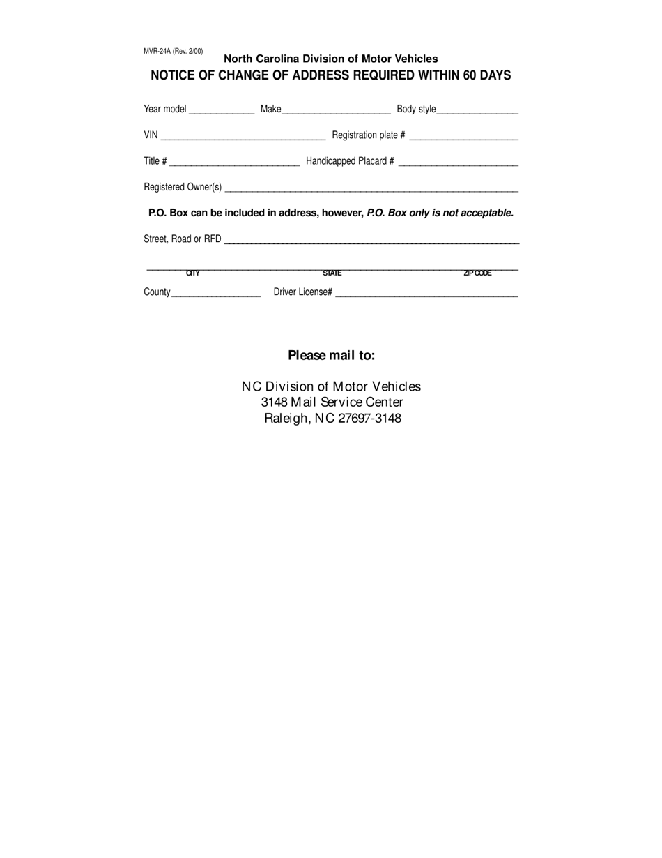 Form MVR-24A Notice of Change of Address Required Within 60 Days - North Carolina, Page 1