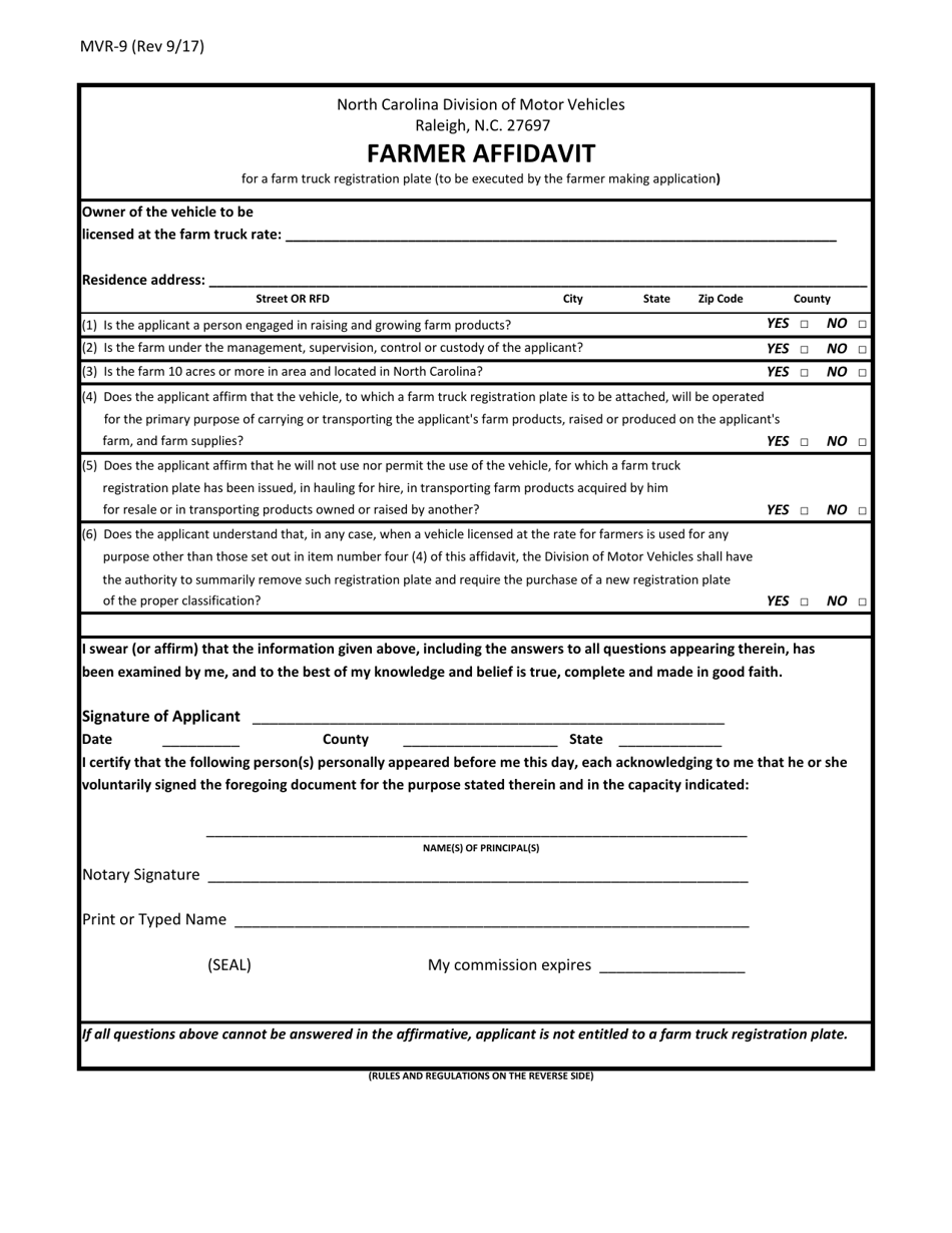 Form MVR-9 Farmer Affidavit - North Carolina, Page 1