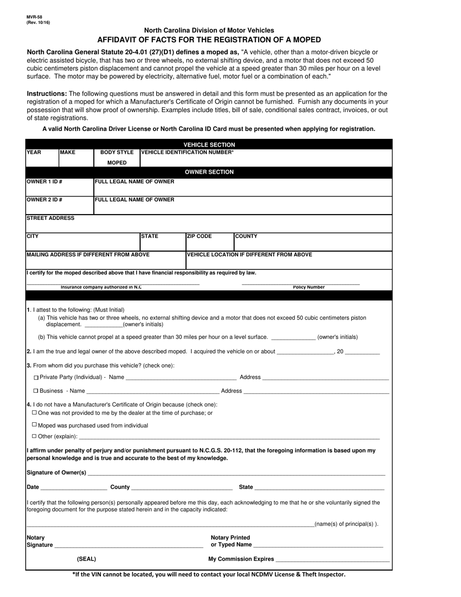 Form MVR-58 Affidavit of Facts for the Registration of a Moped - North Carolina, Page 1