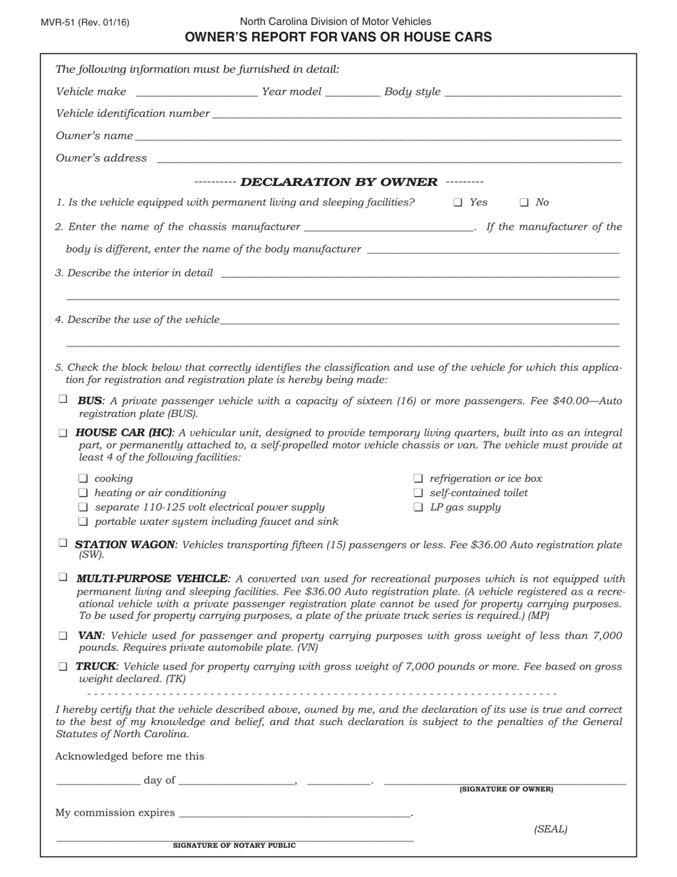 Form MVR-51 Owners Report for Vans or House Cars - North Carolina, Page 1