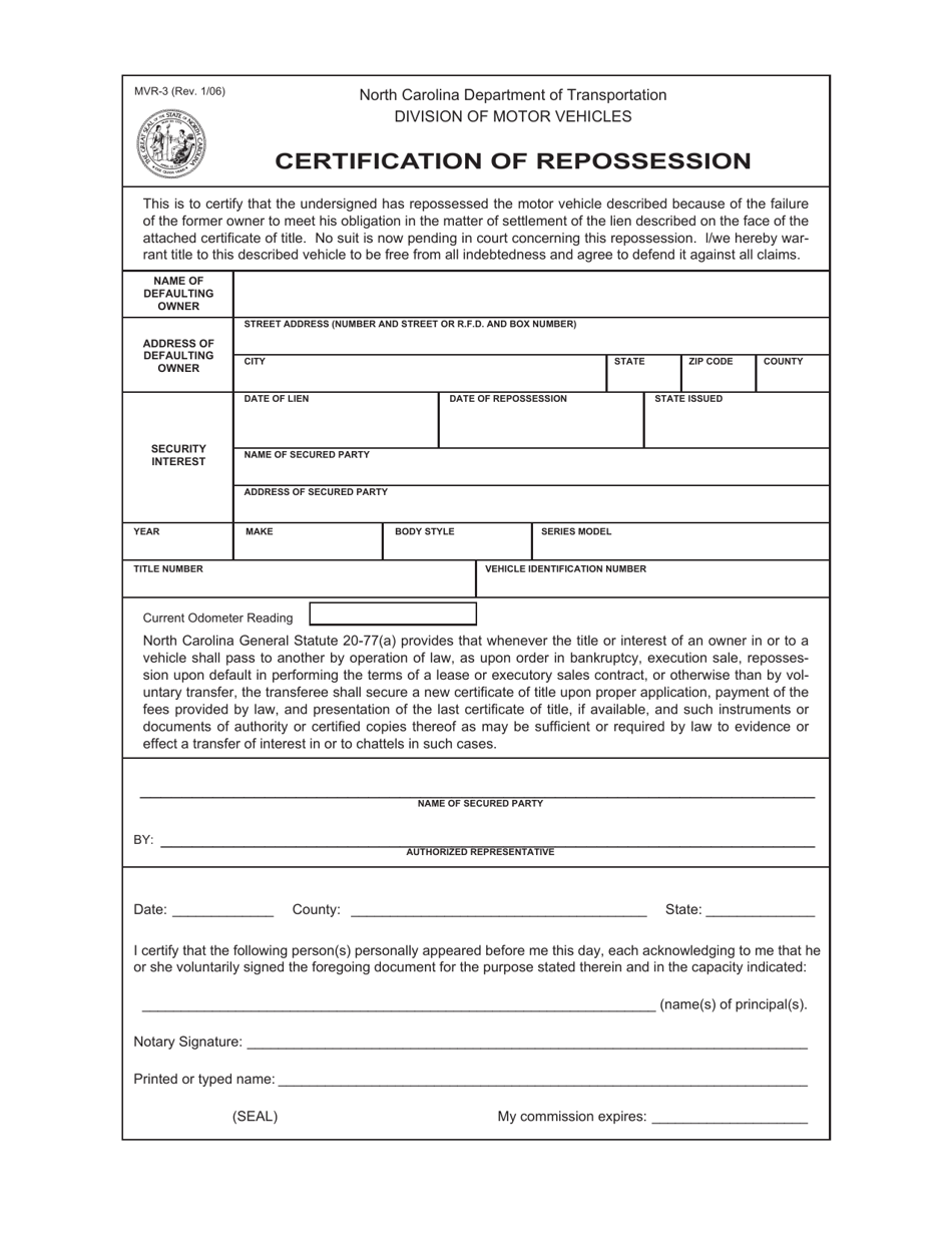 Form MVR-3 Certification of Repossession - North Carolina, Page 1