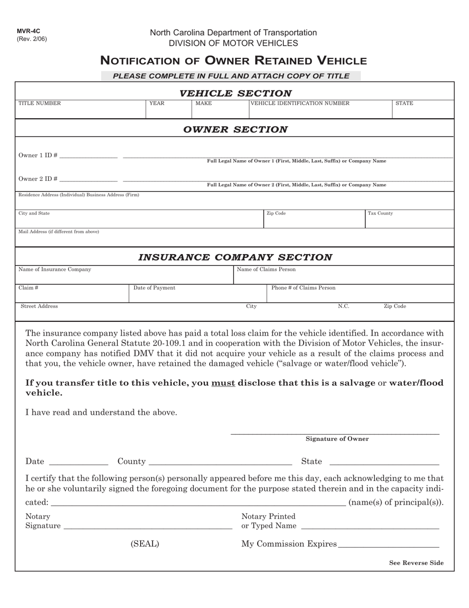 Form MVR-4C Notification of Owner Retained Vehicle - North Carolina, Page 1