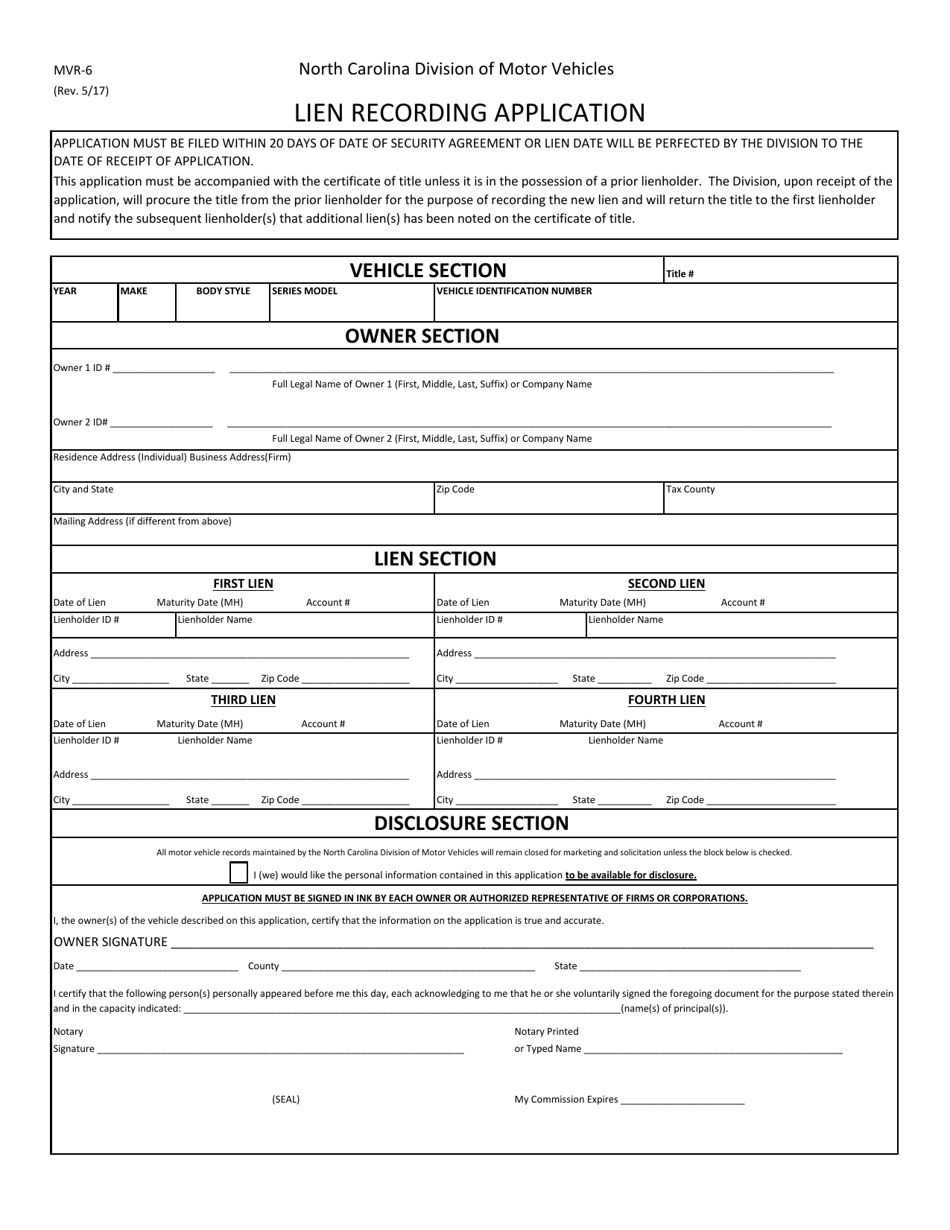 Form MVR-6 Lien Recording Application - North Carolina, Page 1