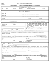 Form MVR-6T &quot;Temporary Lien Recording Application&quot; - North Carolina