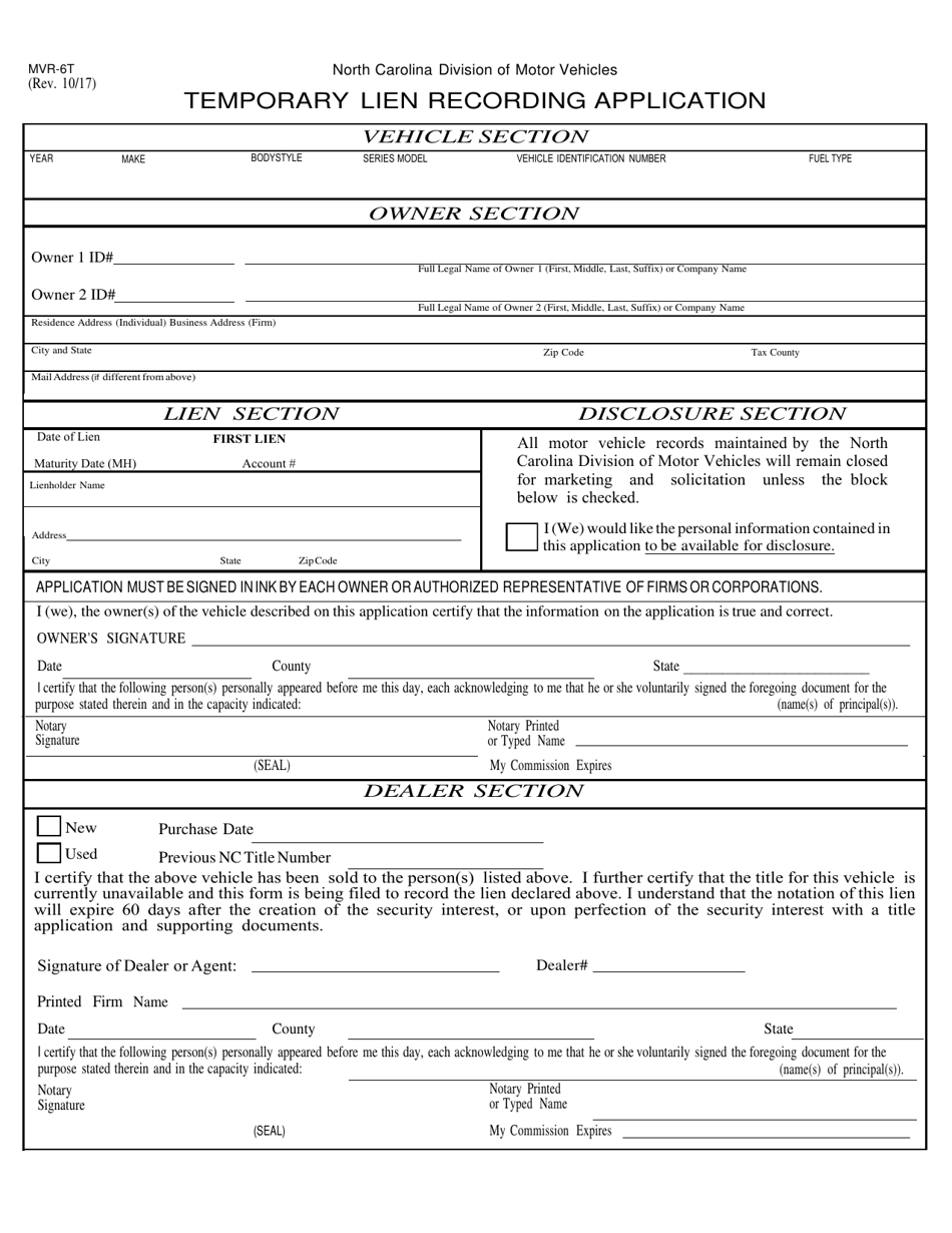Form MVR-6T Temporary Lien Recording Application - North Carolina, Page 1
