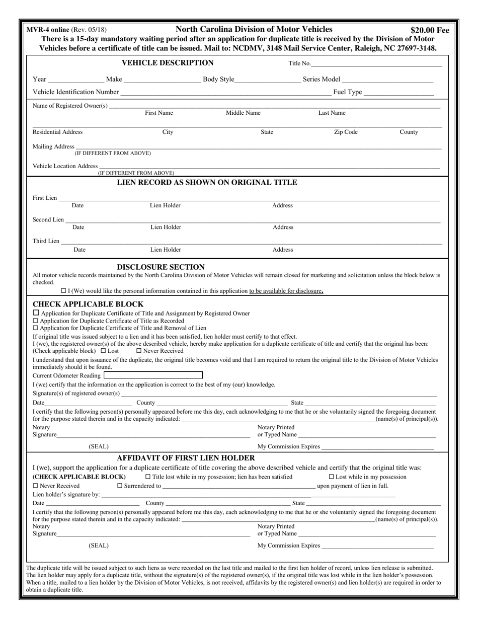 Form MVR-4 Application for Duplicate Title - North Carolina, Page 1