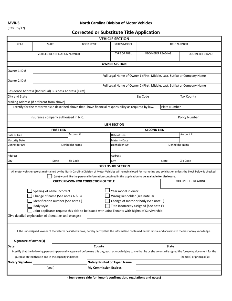 Form MVR-5 Corrected or Substitute Title Application - North Carolina, Page 1