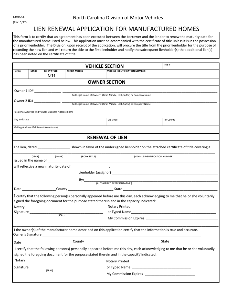 Form MVR-6A Lien Renewal Application for Manufactured Homes - North Carolina, Page 1
