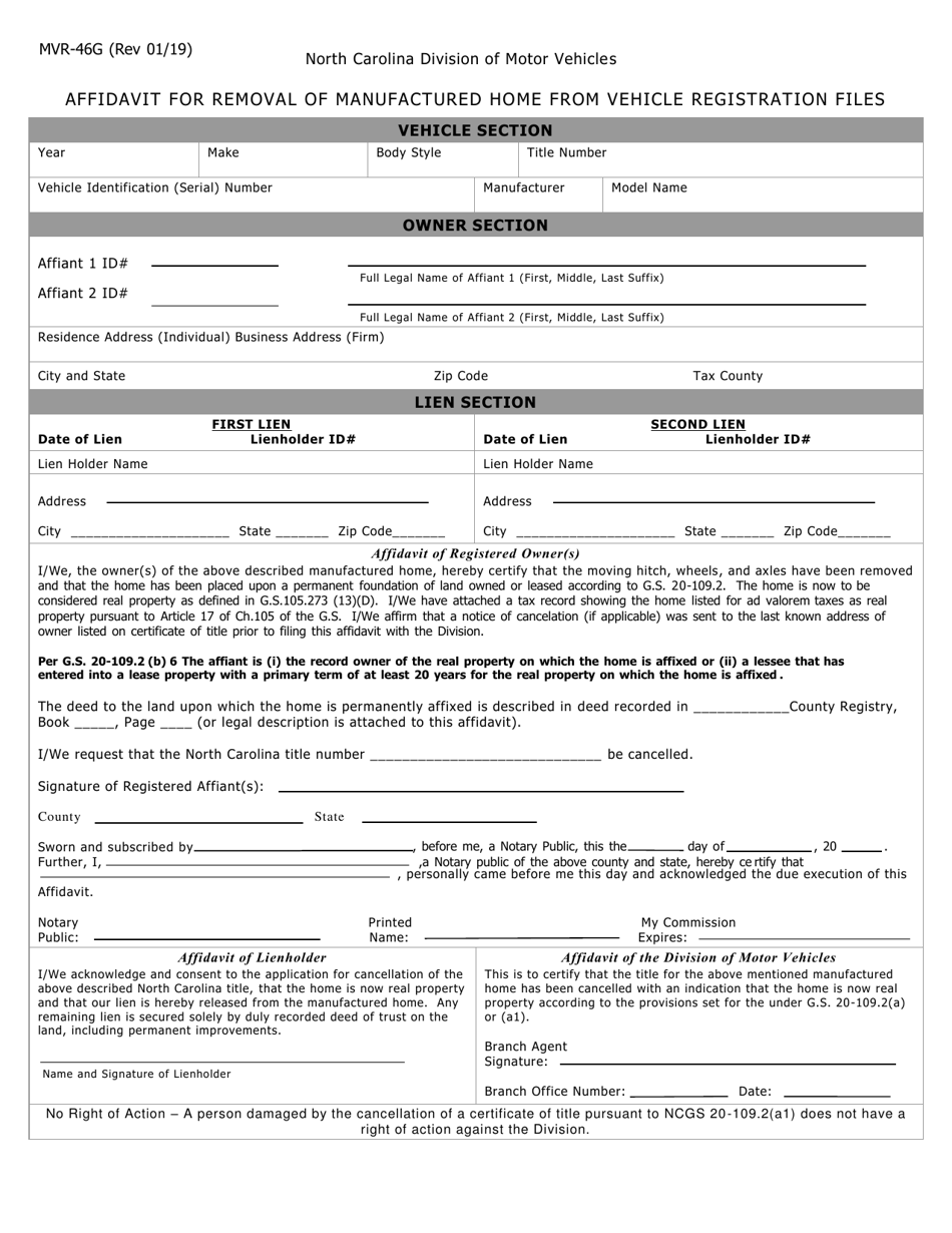 Form MVR-46G Affidavit for Removal of Manufactured Home From Vehicle Registration Files - North Carolina, Page 1