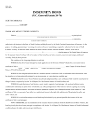 Form MVR-92D Indemnity Bond (N.c. General Statute 20-76) - North Carolina