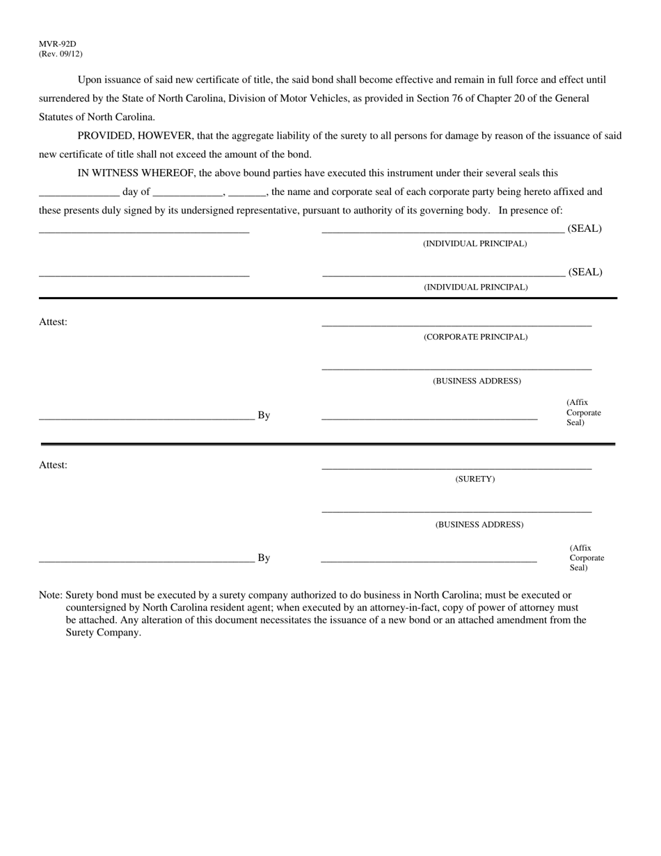 Form MVR-92D - Fill Out, Sign Online and Download Fillable PDF, North ...