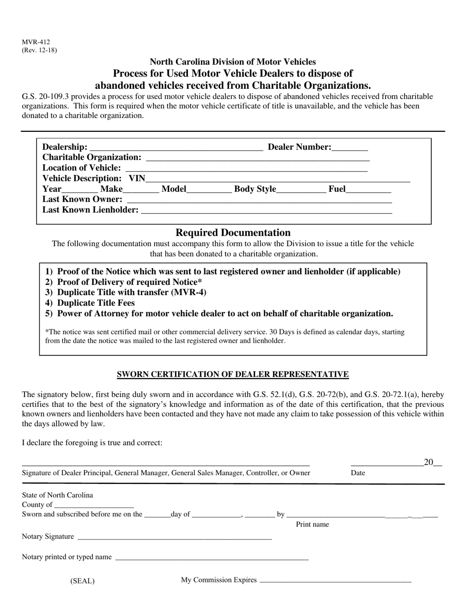 Form MVR-412 Process for Used Motor Vehicle Dealers to Dispose of Abandoned Vehicles Received From Charitable Organizations - North Carolina, Page 1