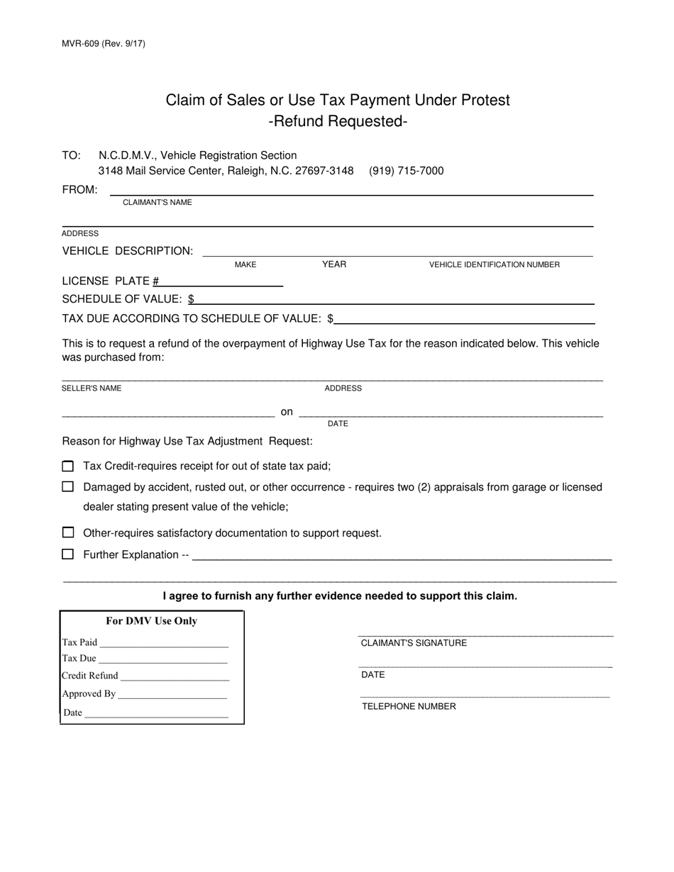 Form MVR-609 Claim of Sales or Use Tax Payment Under Protest -refund Requested - North Carolina, Page 1